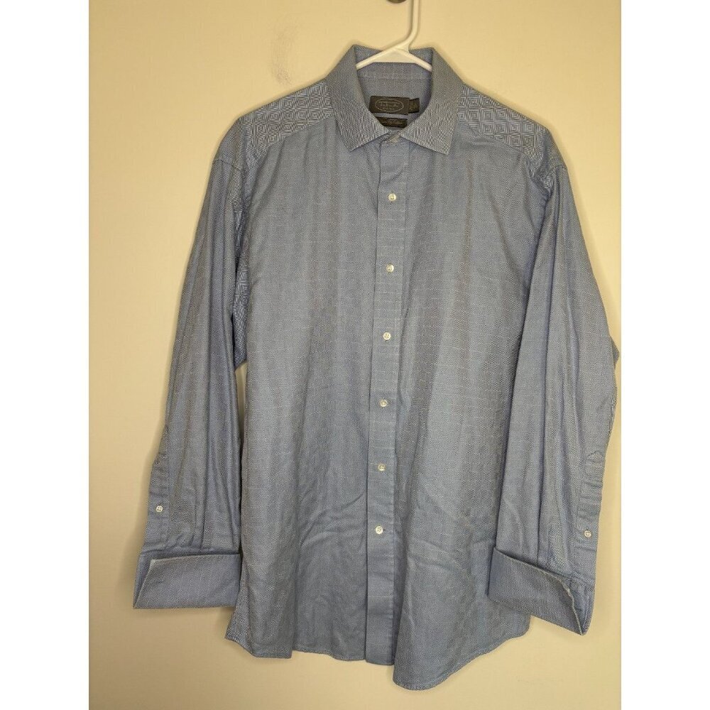 TALBOTS for Men French Cuff Dress Shirt 16/32-33 Blue Geometric 2-Ply Cotton